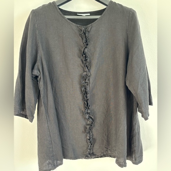 Bryn Walker Top Womens Lrg Black Lagenlook Linen 3/4 Sleeve‎ Ruffle Boho Minimal - Picture 1 of 10